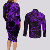 Kia Orana Cook Islands Couples Matching Long Sleeve Bodycon Dress and Long Sleeve Button Shirt Circle Stars With Floral Purple Pattern LT01 - Polynesian Pride