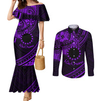 Kia Orana Cook Islands Couples Matching Mermaid Dress and Long Sleeve Button Shirt Circle Stars With Floral Purple Pattern LT01 Purple - Polynesian Pride