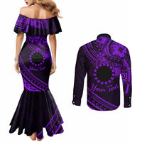 Kia Orana Cook Islands Couples Matching Mermaid Dress and Long Sleeve Button Shirt Circle Stars With Floral Purple Pattern LT01 - Polynesian Pride