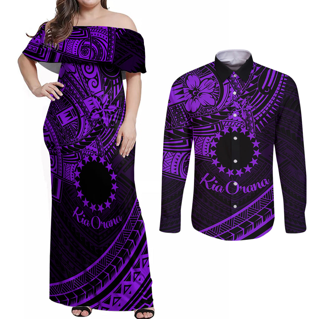 Kia Orana Cook Islands Couples Matching Off Shoulder Maxi Dress and Long Sleeve Button Shirt Circle Stars With Floral Purple Pattern LT01 Purple - Polynesian Pride