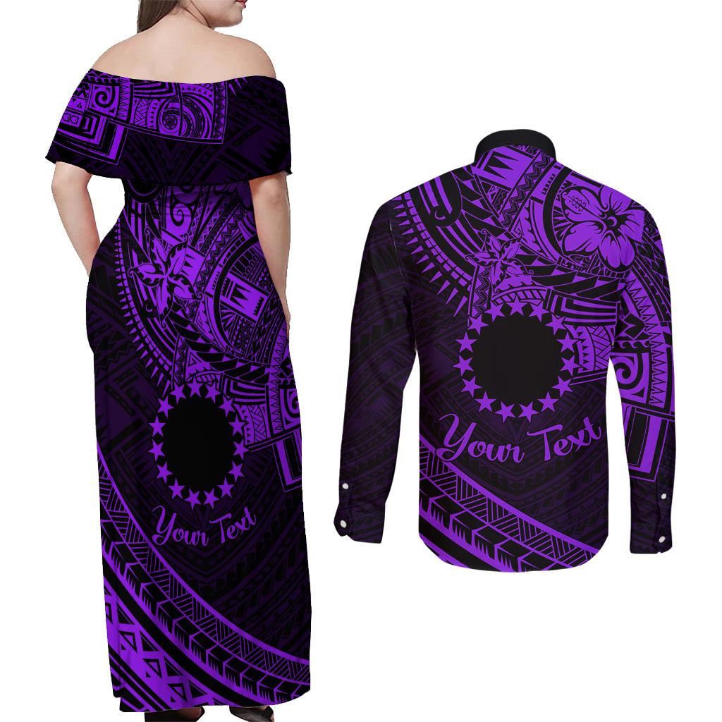 Kia Orana Cook Islands Couples Matching Off Shoulder Maxi Dress and Long Sleeve Button Shirt Circle Stars With Floral Purple Pattern LT01 - Polynesian Pride
