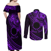 Kia Orana Cook Islands Couples Matching Off Shoulder Maxi Dress and Long Sleeve Button Shirt Circle Stars With Floral Purple Pattern LT01 - Polynesian Pride