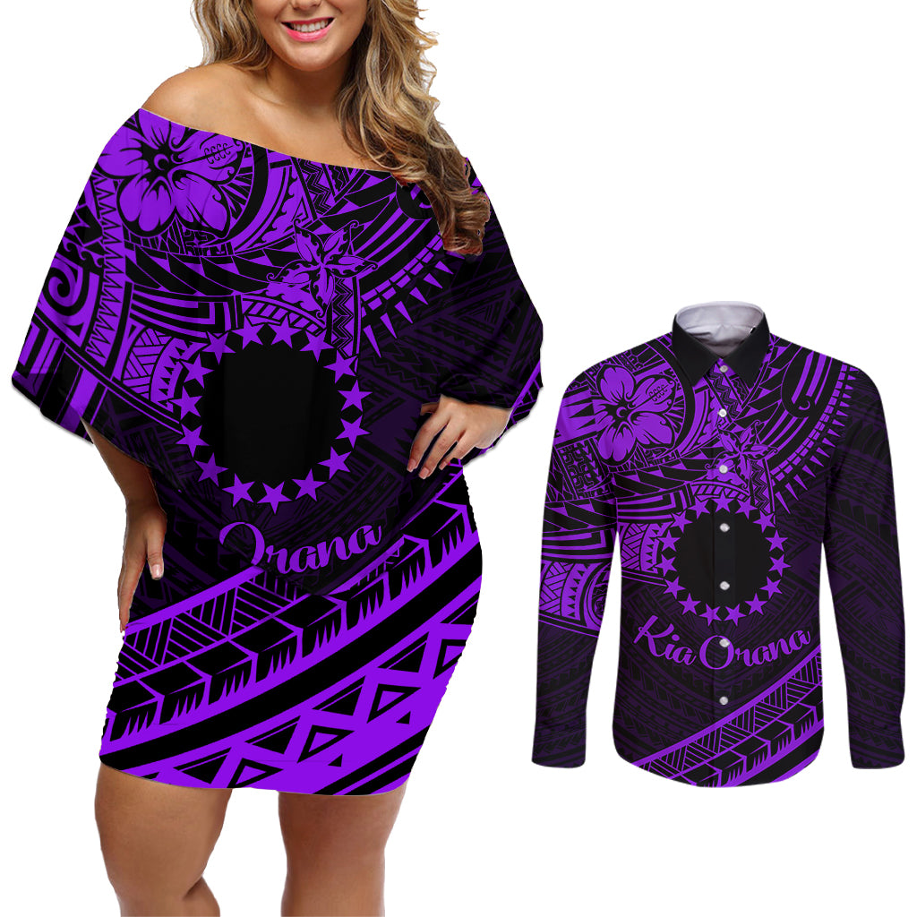 Kia Orana Cook Islands Couples Matching Off Shoulder Short Dress and Long Sleeve Button Shirt Circle Stars With Floral Purple Pattern LT01 Purple - Polynesian Pride