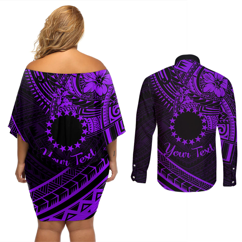 Kia Orana Cook Islands Couples Matching Off Shoulder Short Dress and Long Sleeve Button Shirt Circle Stars With Floral Purple Pattern LT01 - Polynesian Pride