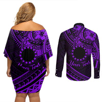 Kia Orana Cook Islands Couples Matching Off Shoulder Short Dress and Long Sleeve Button Shirt Circle Stars With Floral Purple Pattern LT01 - Polynesian Pride