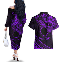 Kia Orana Cook Islands Couples Matching Off The Shoulder Long Sleeve Dress and Hawaiian Shirt Circle Stars With Floral Purple Pattern LT01 - Polynesian Pride