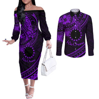 Kia Orana Cook Islands Couples Matching Off The Shoulder Long Sleeve Dress and Long Sleeve Button Shirt Circle Stars With Floral Purple Pattern LT01 Purple - Polynesian Pride