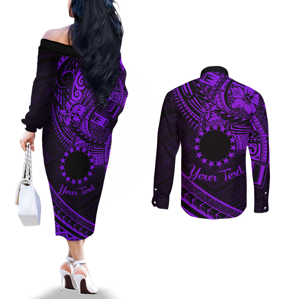 Kia Orana Cook Islands Couples Matching Off The Shoulder Long Sleeve Dress and Long Sleeve Button Shirt Circle Stars With Floral Purple Pattern LT01 - Polynesian Pride
