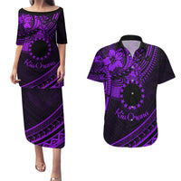 Kia Orana Cook Islands Couples Matching Puletasi Dress and Hawaiian Shirt Circle Stars With Floral Purple Pattern LT01 Purple - Polynesian Pride