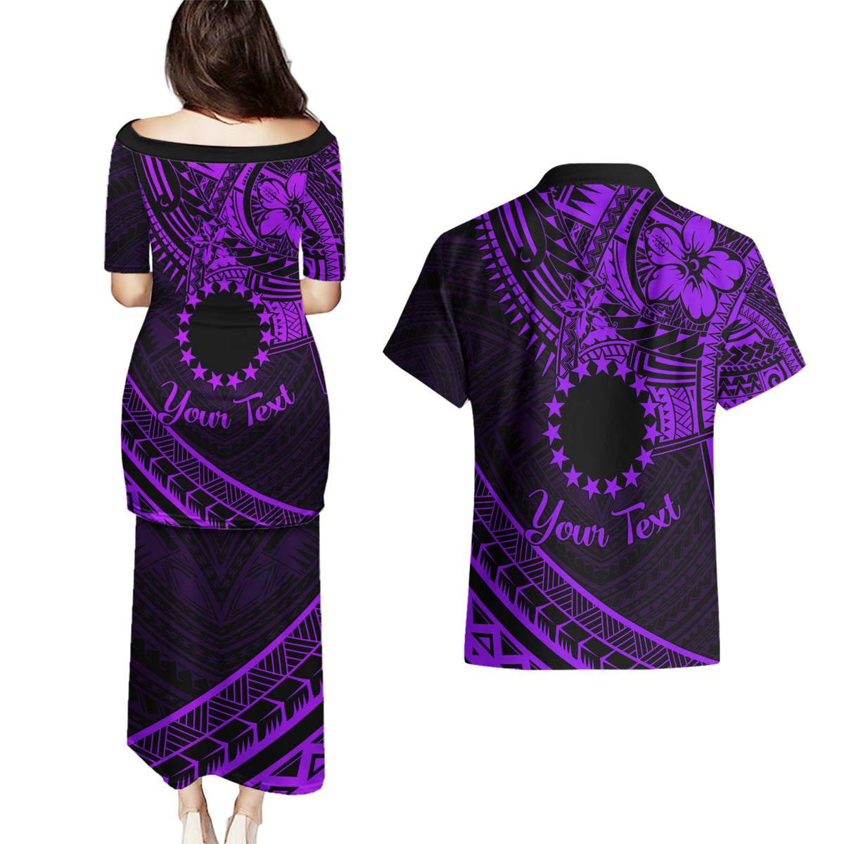 Kia Orana Cook Islands Couples Matching Puletasi Dress and Hawaiian Shirt Circle Stars With Floral Purple Pattern LT01 - Polynesian Pride