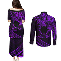 Kia Orana Cook Islands Couples Matching Puletasi Dress and Long Sleeve Button Shirt Circle Stars With Floral Purple Pattern LT01 - Polynesian Pride