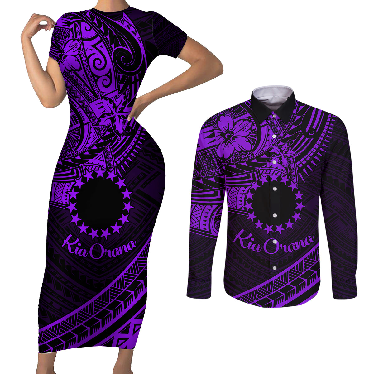 Kia Orana Cook Islands Couples Matching Short Sleeve Bodycon Dress and Long Sleeve Button Shirt Circle Stars With Floral Purple Pattern LT01 Purple - Polynesian Pride