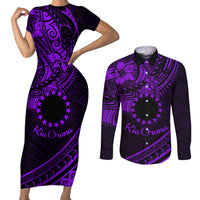 Kia Orana Cook Islands Couples Matching Short Sleeve Bodycon Dress and Long Sleeve Button Shirt Circle Stars With Floral Purple Pattern LT01 Purple - Polynesian Pride