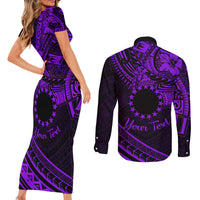 Kia Orana Cook Islands Couples Matching Short Sleeve Bodycon Dress and Long Sleeve Button Shirt Circle Stars With Floral Purple Pattern LT01 - Polynesian Pride