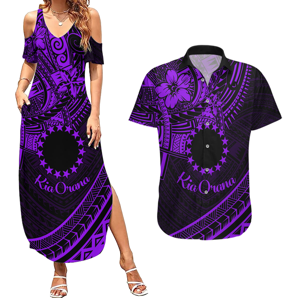 Kia Orana Cook Islands Couples Matching Summer Maxi Dress and Hawaiian Shirt Circle Stars With Floral Purple Pattern LT01 Purple - Polynesian Pride