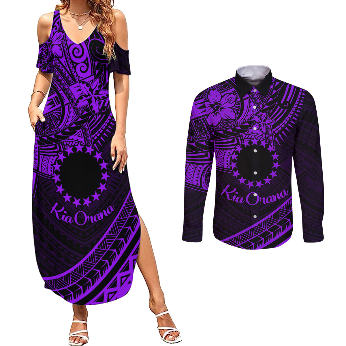 Kia Orana Cook Islands Couples Matching Summer Maxi Dress and Long Sleeve Button Shirt Circle Stars With Floral Purple Pattern LT01 Purple - Polynesian Pride