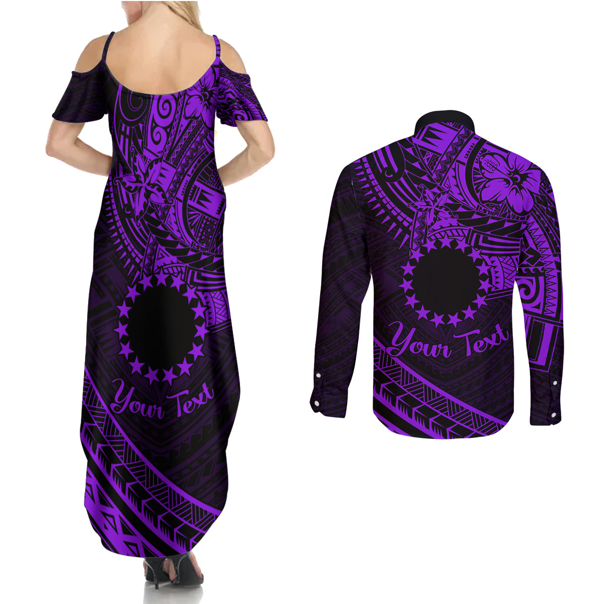 Kia Orana Cook Islands Couples Matching Summer Maxi Dress and Long Sleeve Button Shirt Circle Stars With Floral Purple Pattern LT01 - Polynesian Pride