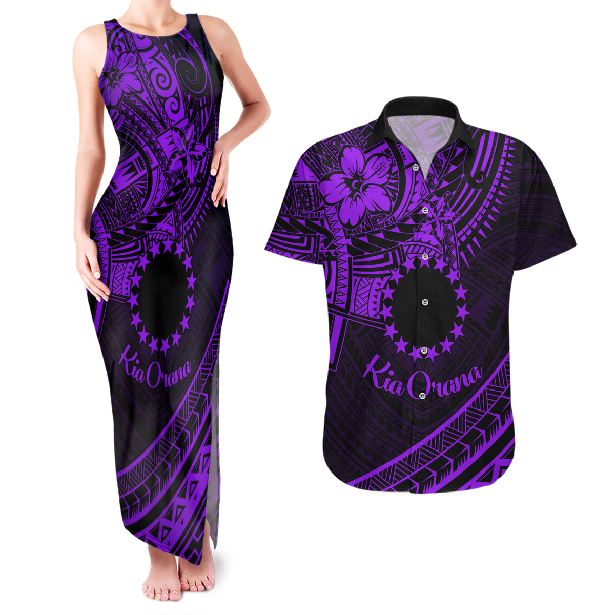 Kia Orana Cook Islands Couples Matching Tank Maxi Dress and Hawaiian Shirt Circle Stars With Floral Purple Pattern LT01 Purple - Polynesian Pride