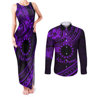 Kia Orana Cook Islands Couples Matching Tank Maxi Dress and Long Sleeve Button Shirt Circle Stars With Floral Purple Pattern LT01 Purple - Polynesian Pride