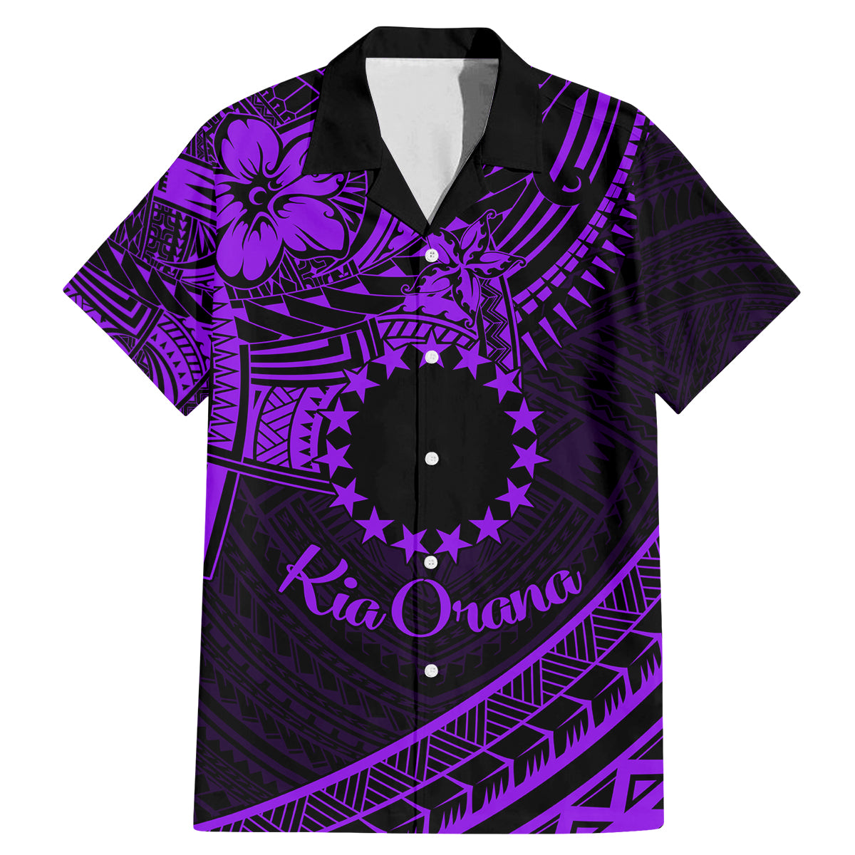 Kia Orana Cook Islands Family Matching Mermaid Dress and Hawaiian Shirt Circle Stars With Floral Purple Pattern LT01 Dad's Shirt - Short Sleeve Purple - Polynesian Pride