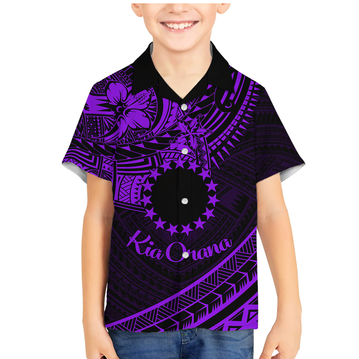 Kia Orana Cook Islands Family Matching Mermaid Dress and Hawaiian Shirt Circle Stars With Floral Purple Pattern LT01 Son's Shirt Purple - Polynesian Pride