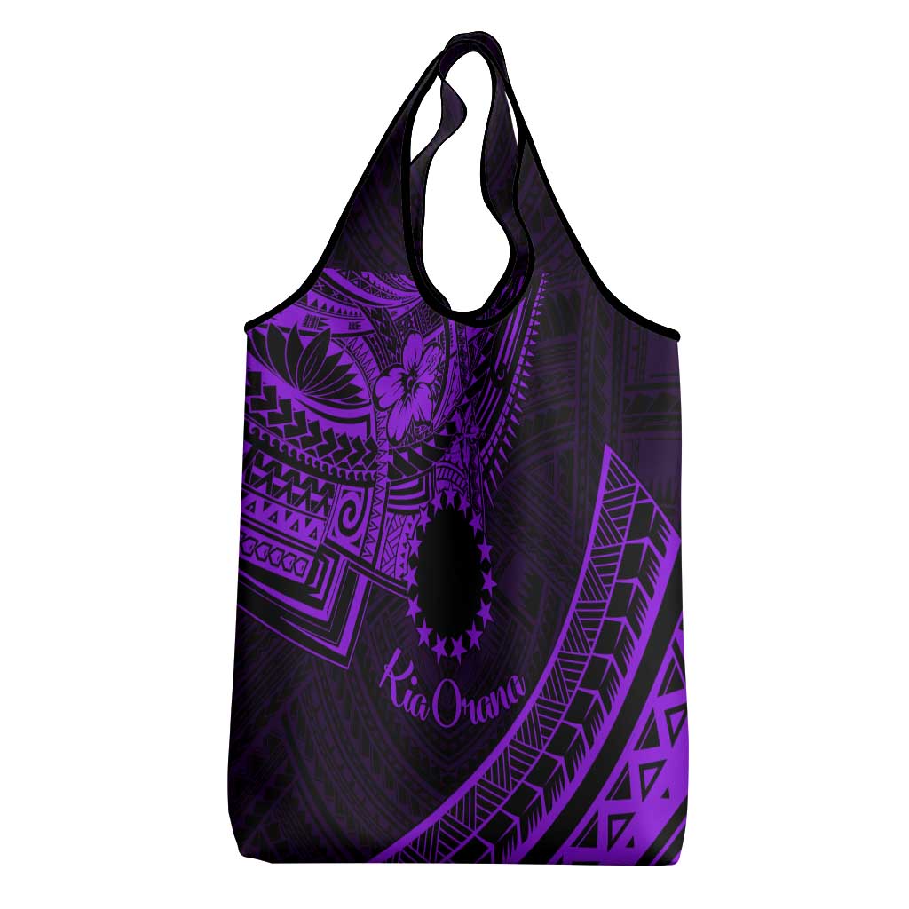 Kia Orana Cook Islands Grocery Bag Circle Stars With Floral Purple Pattern