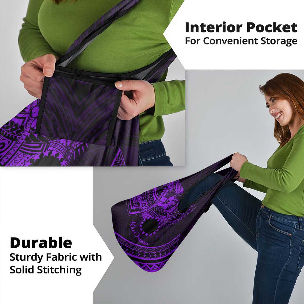 Kia Orana Cook Islands Grocery Bag Circle Stars With Floral Purple Pattern