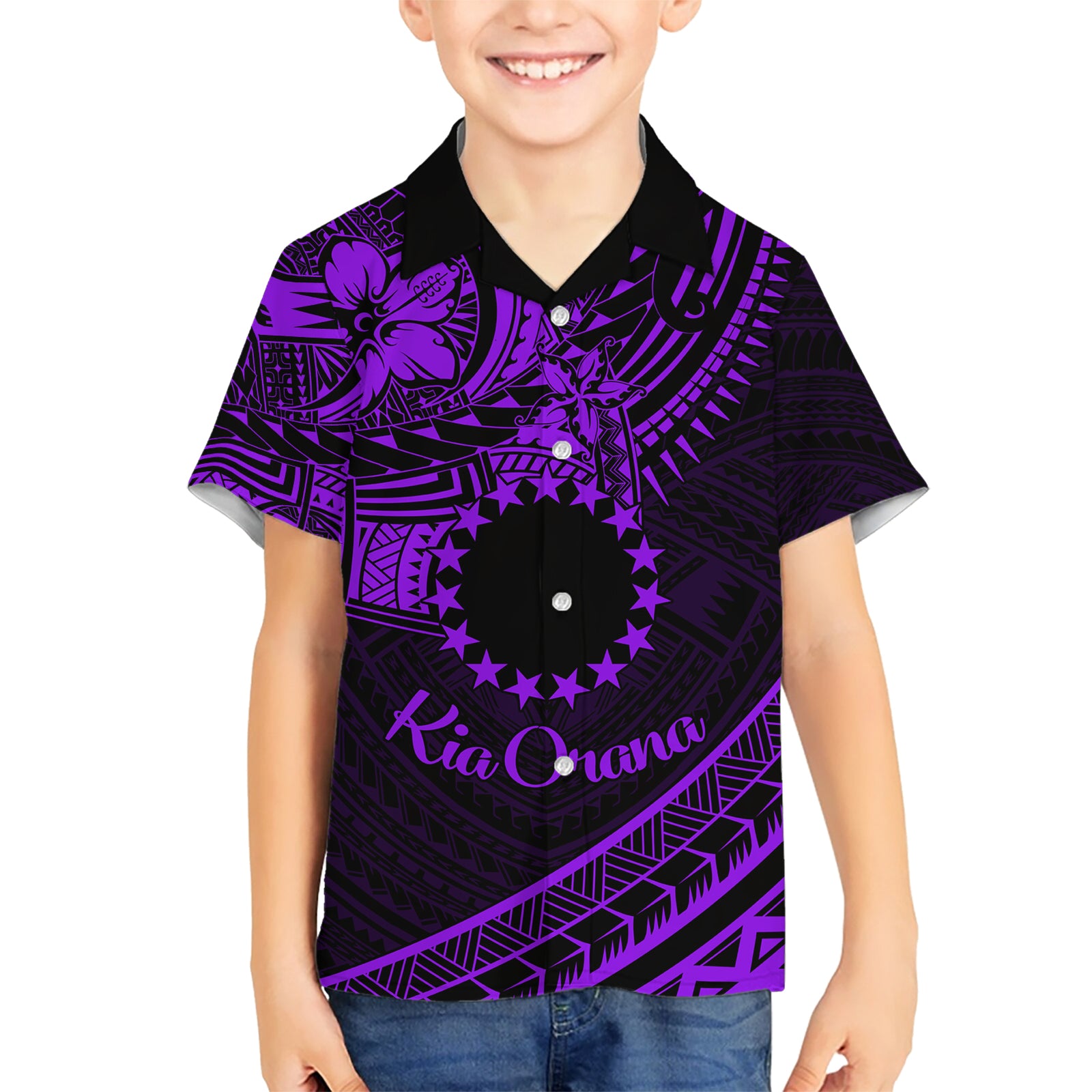 Kia Orana Cook Islands Kid Hawaiian Shirt Circle Stars With Floral Purple Pattern LT01 Kid Purple - Polynesian Pride