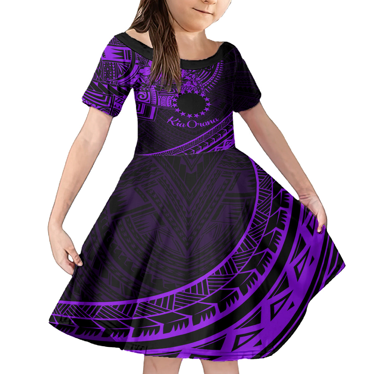 Kia Orana Cook Islands Kid Short Sleeve Dress Circle Stars With Floral Purple Pattern LT01 KID Purple - Polynesian Pride