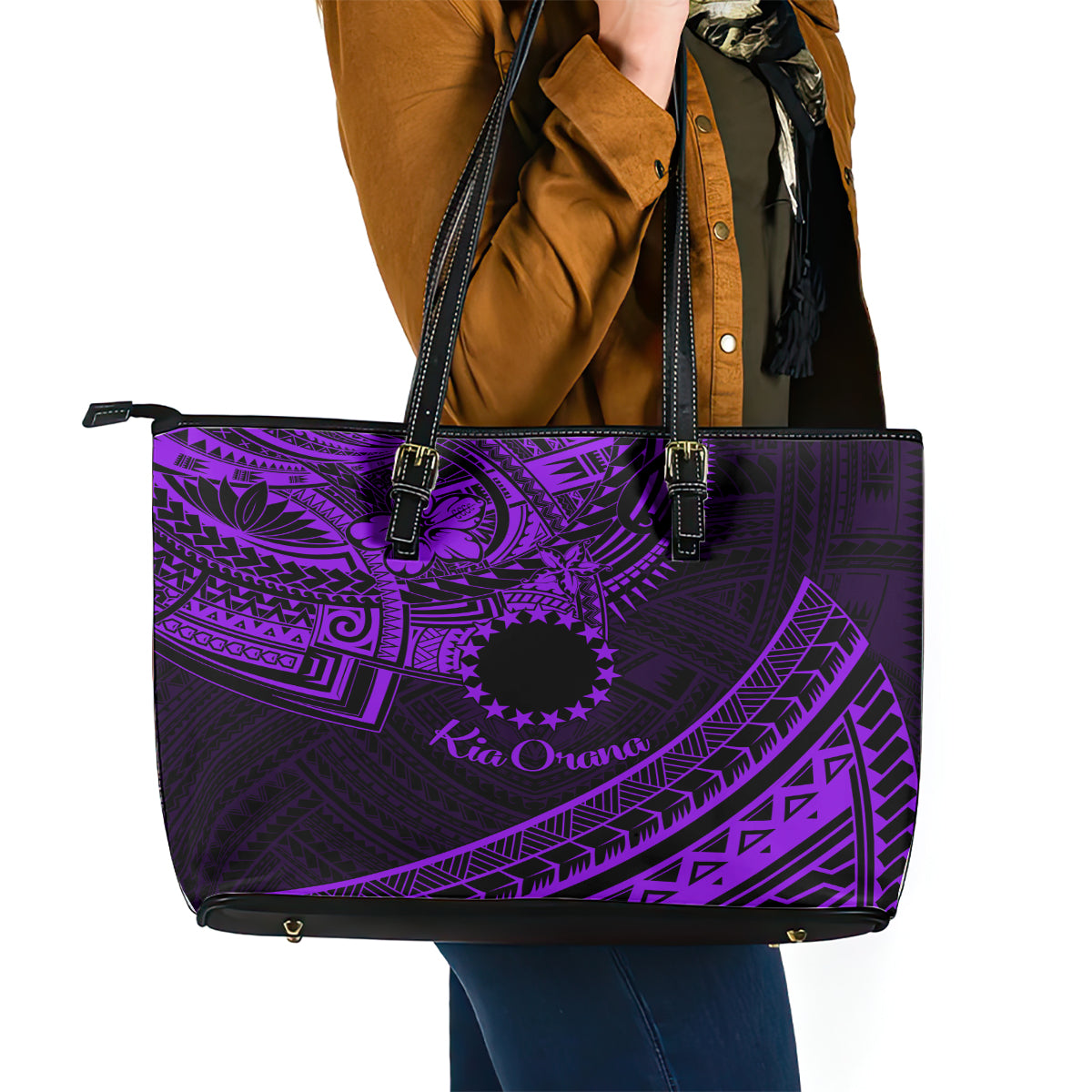 Kia Orana Cook Islands Leather Tote Bag Circle Stars With Floral Purple Pattern LT01 - Polynesian Pride