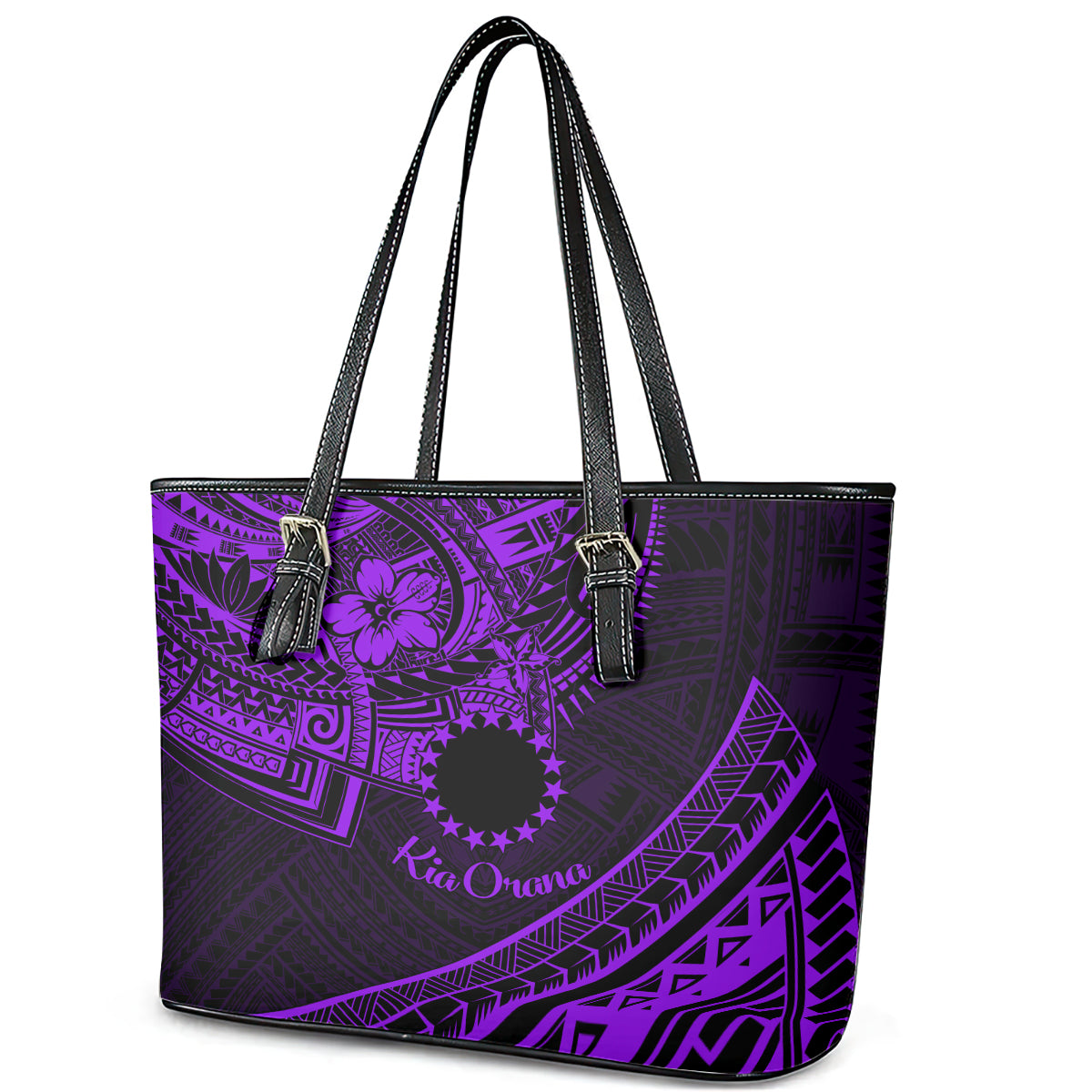 Kia Orana Cook Islands Leather Tote Bag Circle Stars With Floral Purple Pattern LT01 - Polynesian Pride