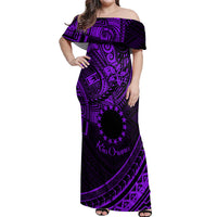 Kia Orana Cook Islands Off Shoulder Maxi Dress Circle Stars With Floral Purple Pattern LT01 Women Purple - Polynesian Pride