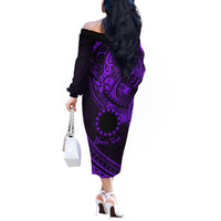 Kia Orana Cook Islands Off The Shoulder Long Sleeve Dress Circle Stars With Floral Purple Pattern LT01 - Polynesian Pride