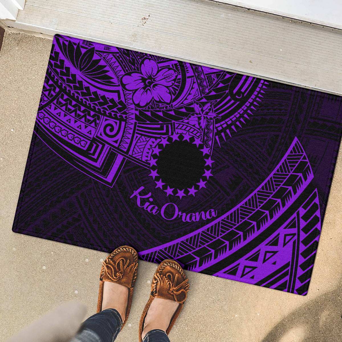 Kia Orana Cook Islands Rubber Doormat Circle Stars With Floral Purple Pattern LT01 - Polynesian Pride