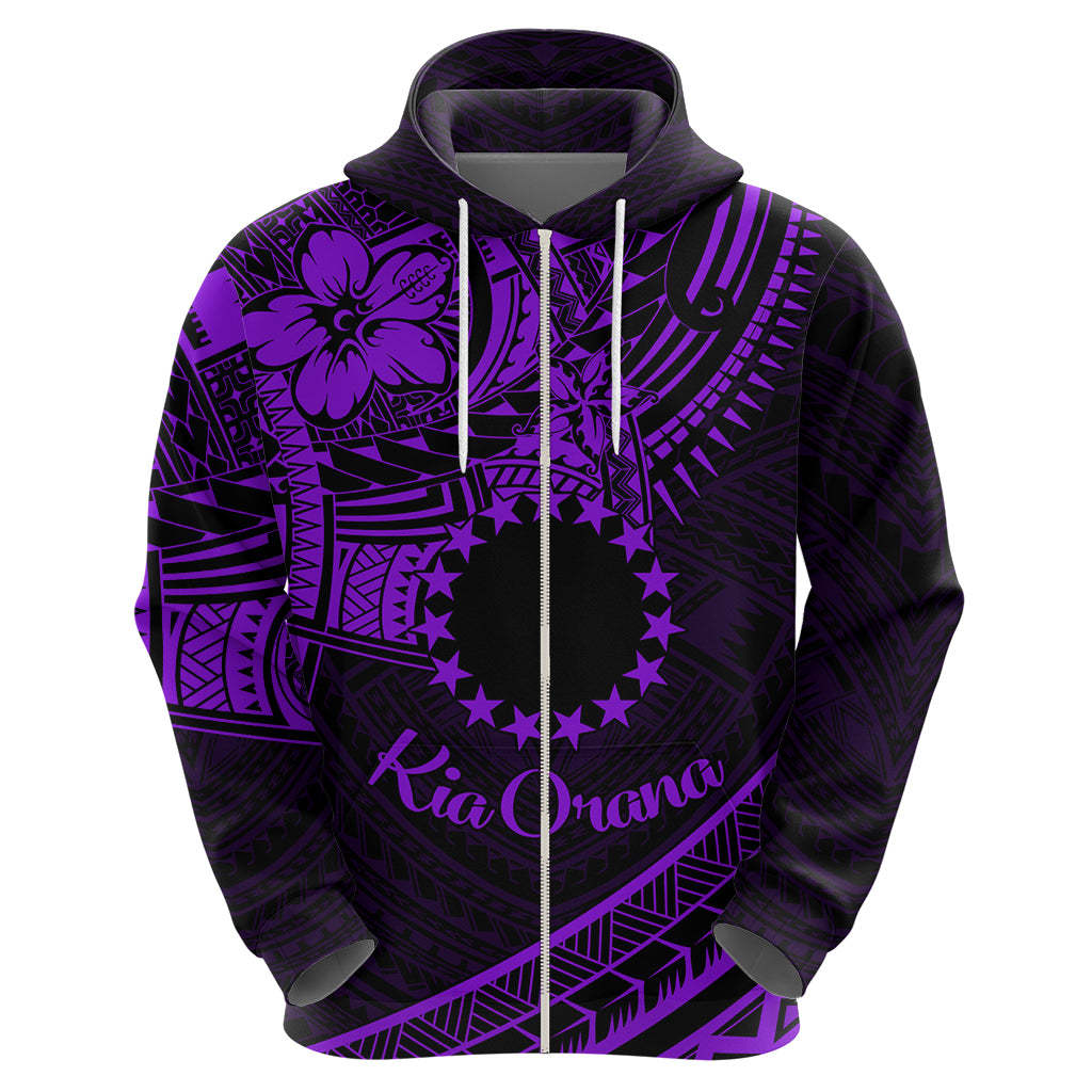Kia Orana Cook Islands Zip Hoodie Circle Stars With Floral Purple Pattern LT01 - Polynesian Pride