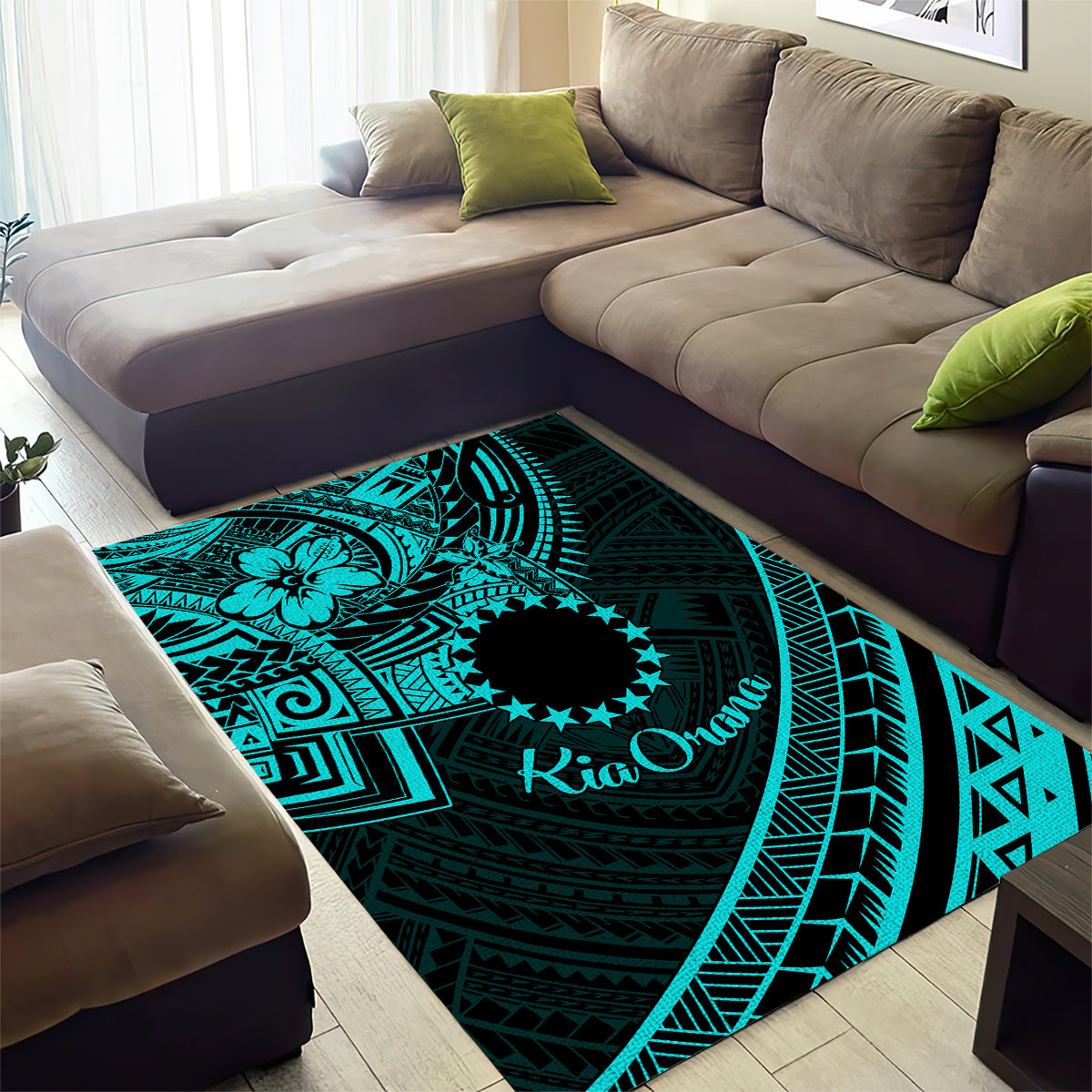 Kia Orana Cook Islands Area Rug Circle Stars With Floral Turquoise Pattern LT01 - Polynesian Pride
