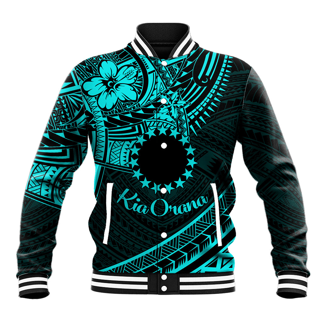 Kia Orana Cook Islands Baseball Jacket Circle Stars With Floral Turquoise Pattern LT01 Unisex Turquoise - Polynesian Pride