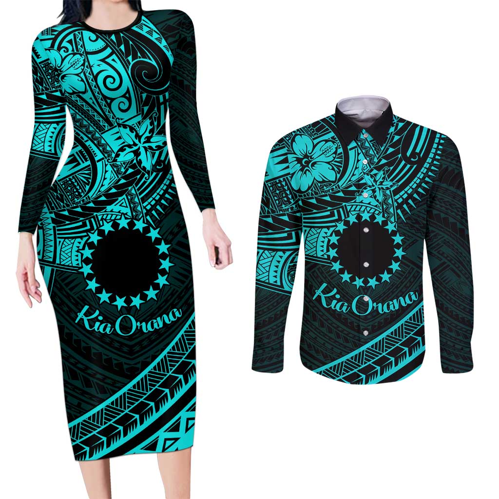 Kia Orana Cook Islands Couples Matching Long Sleeve Bodycon Dress and Long Sleeve Button Shirt Circle Stars With Floral Turquoise Pattern LT01