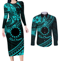 Kia Orana Cook Islands Couples Matching Long Sleeve Bodycon Dress and Long Sleeve Button Shirt Circle Stars With Floral Turquoise Pattern LT01