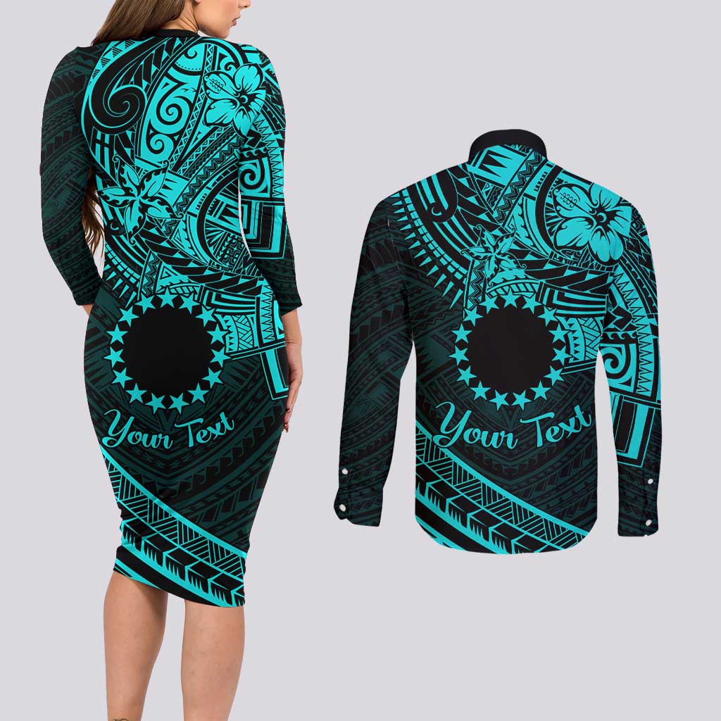 Kia Orana Cook Islands Couples Matching Long Sleeve Bodycon Dress and Long Sleeve Button Shirt Circle Stars With Floral Turquoise Pattern LT01