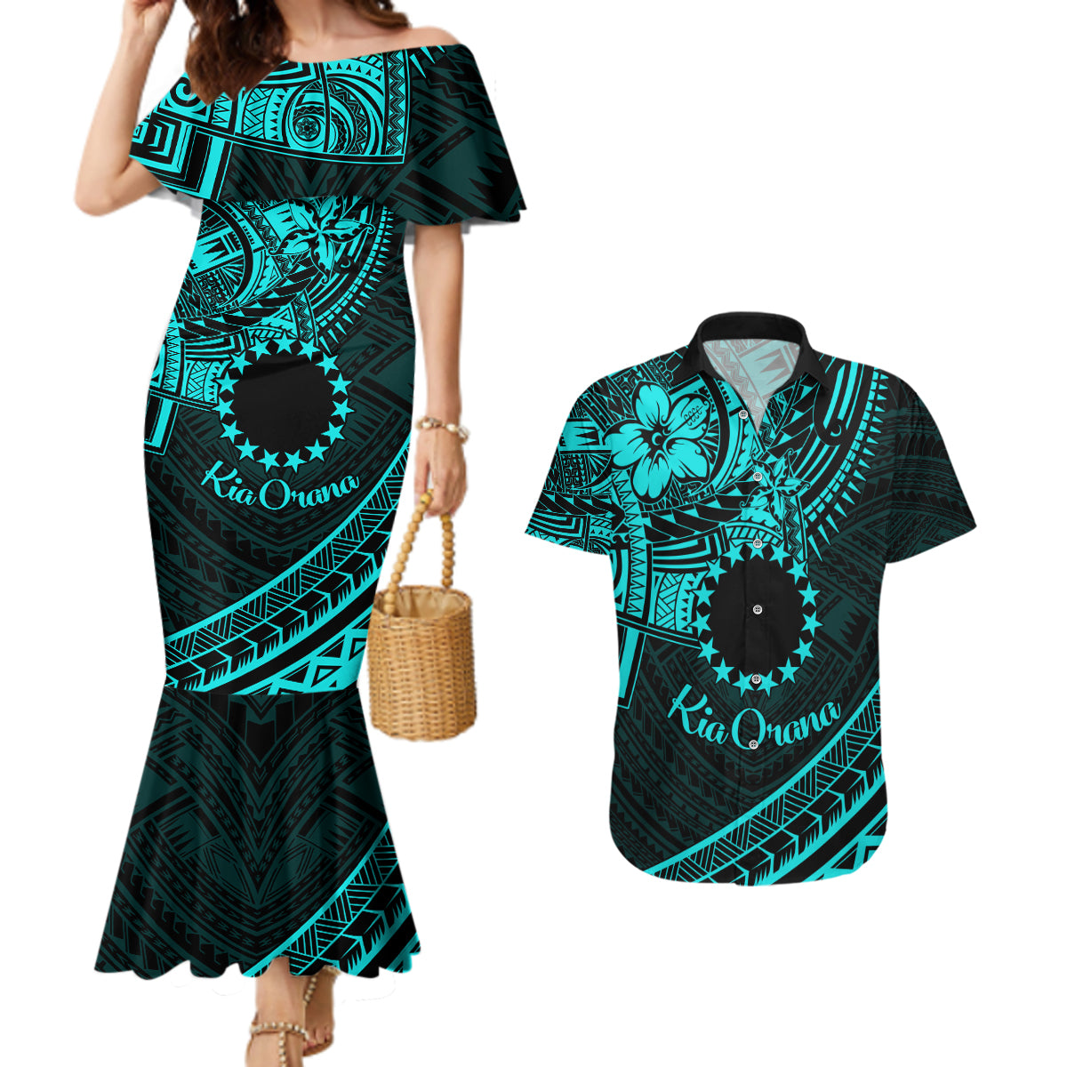 Kia Orana Cook Islands Couples Matching Mermaid Dress and Hawaiian Shirt Circle Stars With Floral Turquoise Pattern LT01 Turquoise - Polynesian Pride