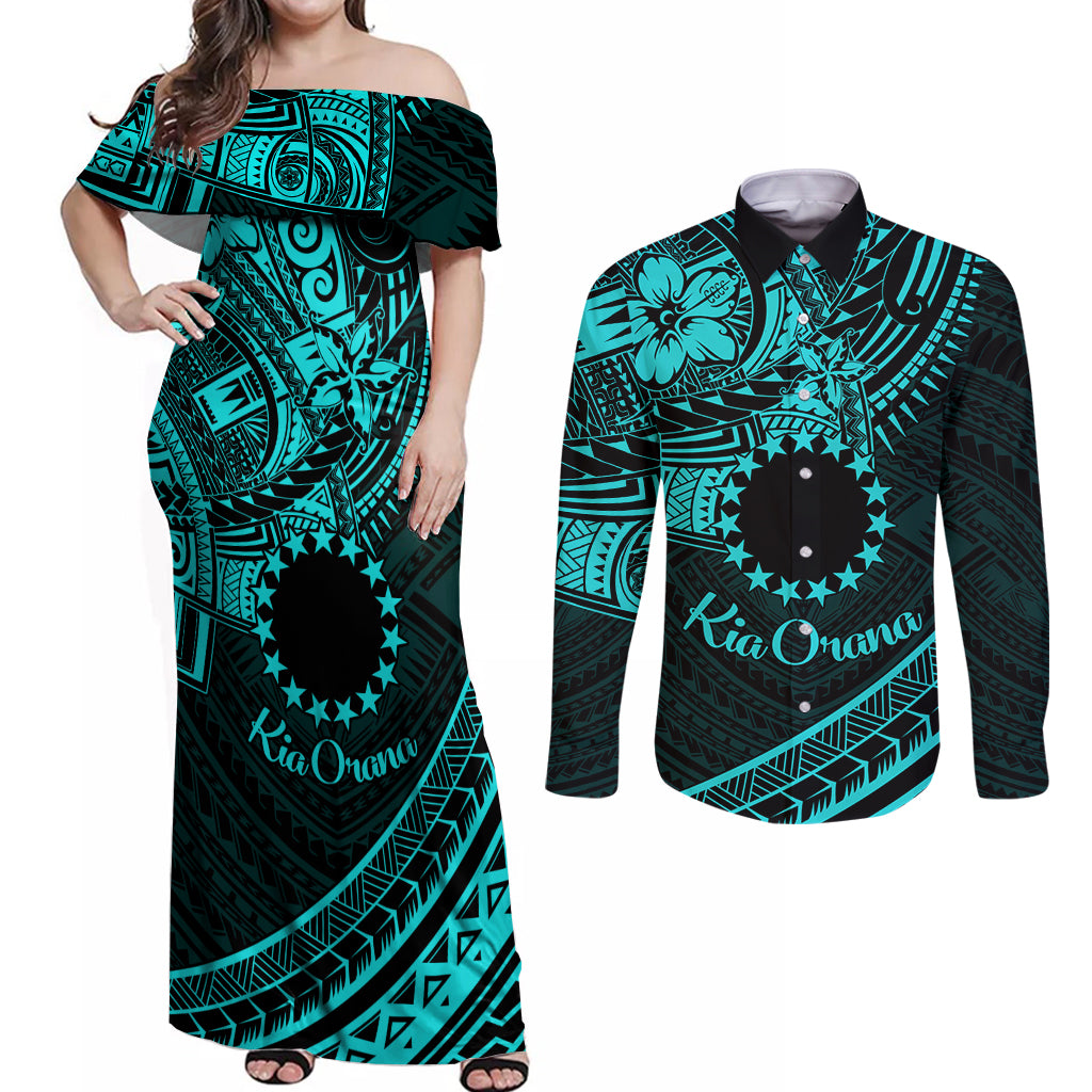 Kia Orana Cook Islands Couples Matching Off Shoulder Maxi Dress and Long Sleeve Button Shirt Circle Stars With Floral Turquoise Pattern LT01 Turquoise - Polynesian Pride