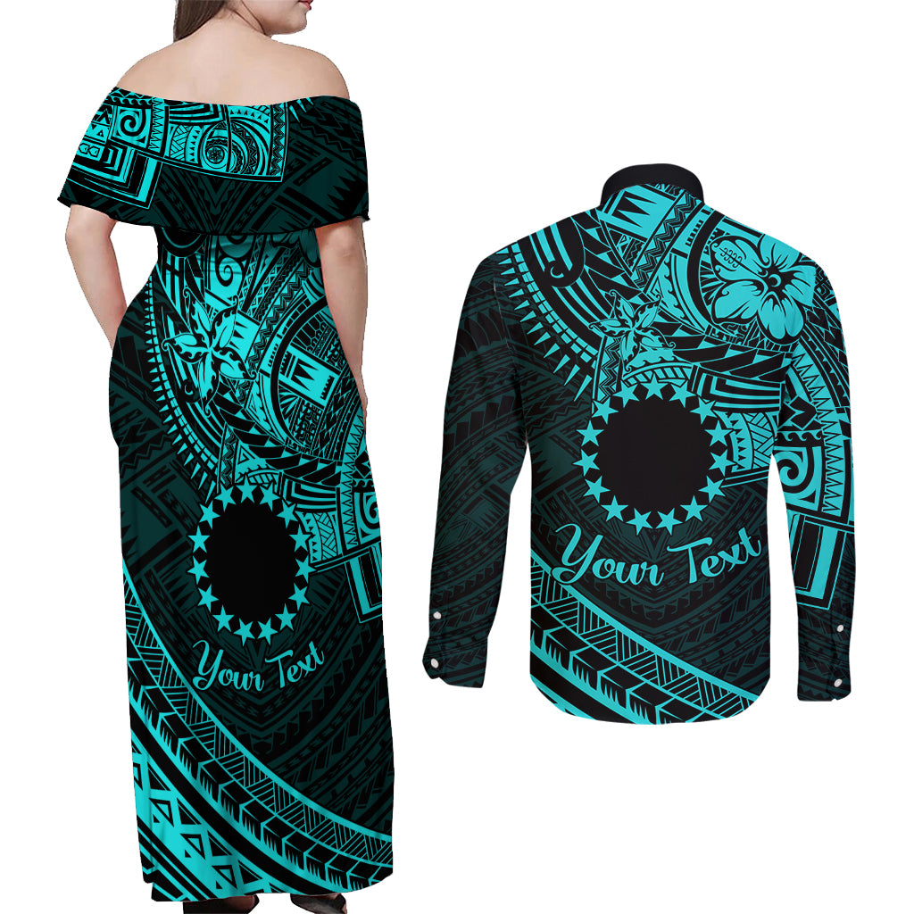 Kia Orana Cook Islands Couples Matching Off Shoulder Maxi Dress and Long Sleeve Button Shirt Circle Stars With Floral Turquoise Pattern LT01 - Polynesian Pride