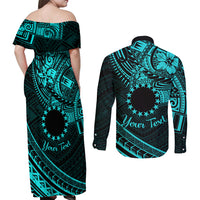 Kia Orana Cook Islands Couples Matching Off Shoulder Maxi Dress and Long Sleeve Button Shirt Circle Stars With Floral Turquoise Pattern LT01 - Polynesian Pride