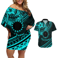 Kia Orana Cook Islands Couples Matching Off Shoulder Short Dress and Hawaiian Shirt Circle Stars With Floral Turquoise Pattern LT01 Turquoise - Polynesian Pride