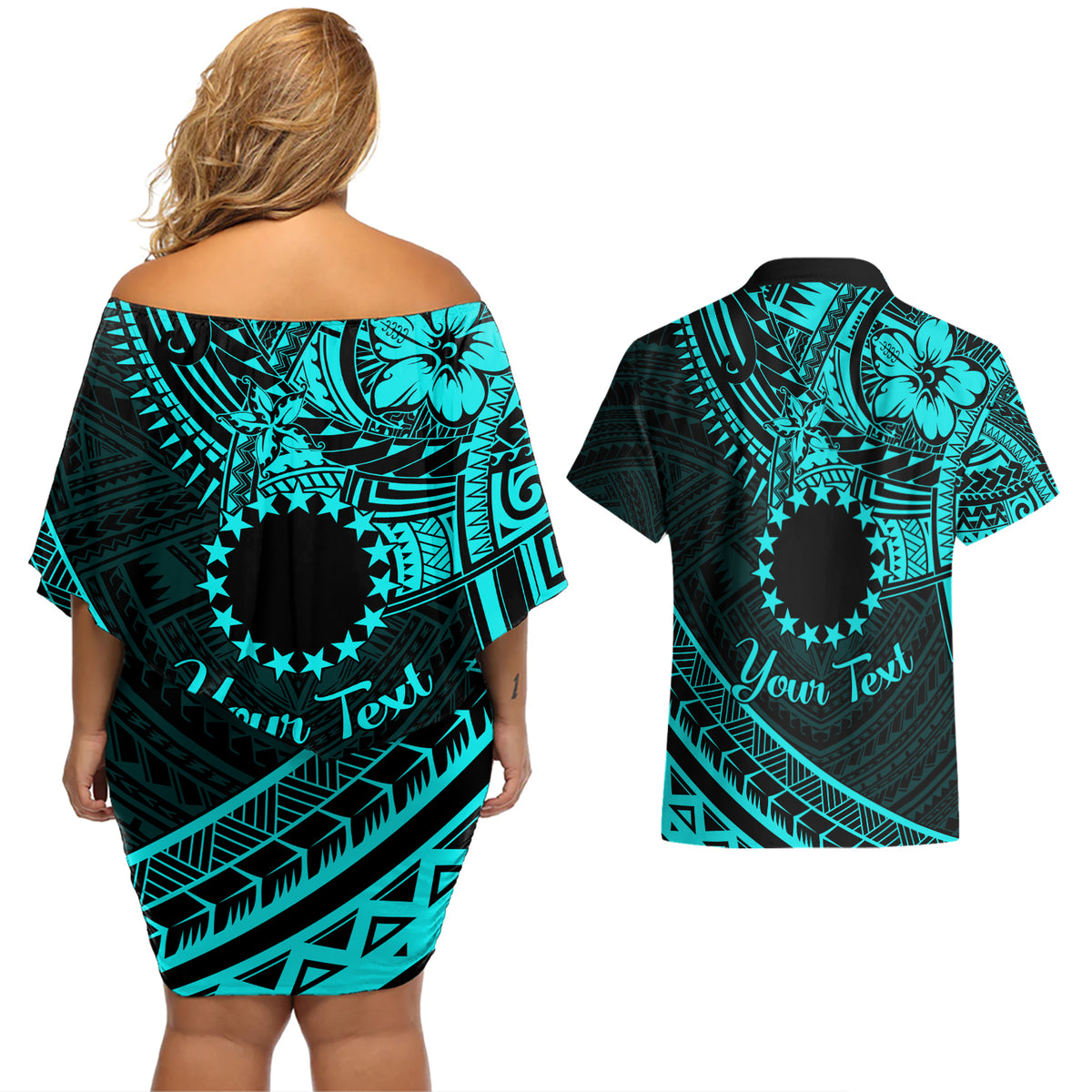 Kia Orana Cook Islands Couples Matching Off Shoulder Short Dress and Hawaiian Shirt Circle Stars With Floral Turquoise Pattern LT01 - Polynesian Pride