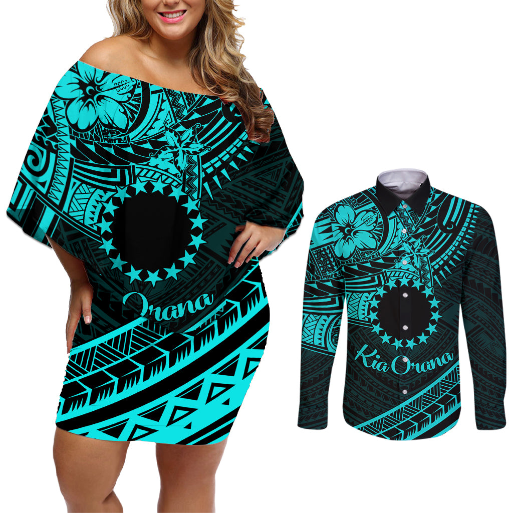 Kia Orana Cook Islands Couples Matching Off Shoulder Short Dress and Long Sleeve Button Shirt Circle Stars With Floral Turquoise Pattern LT01 Turquoise - Polynesian Pride