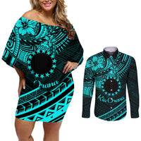 Kia Orana Cook Islands Couples Matching Off Shoulder Short Dress and Long Sleeve Button Shirt Circle Stars With Floral Turquoise Pattern LT01 Turquoise - Polynesian Pride