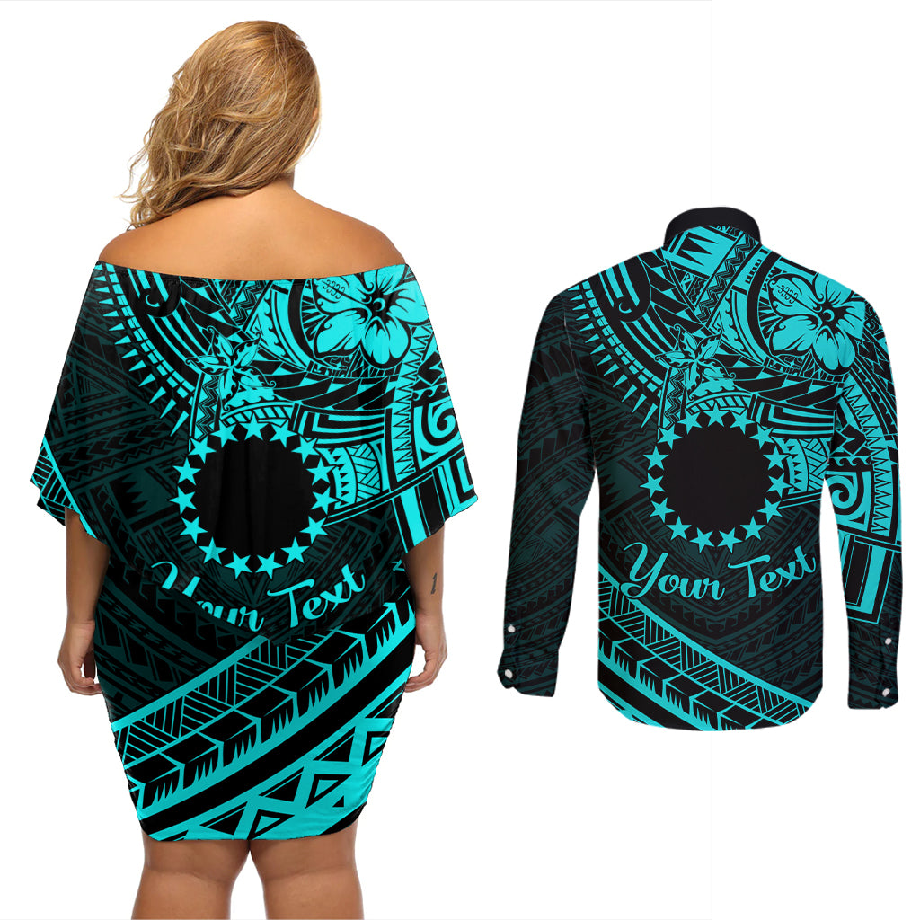 Kia Orana Cook Islands Couples Matching Off Shoulder Short Dress and Long Sleeve Button Shirt Circle Stars With Floral Turquoise Pattern LT01 - Polynesian Pride