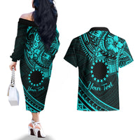 Kia Orana Cook Islands Couples Matching Off The Shoulder Long Sleeve Dress and Hawaiian Shirt Circle Stars With Floral Turquoise Pattern LT01 - Polynesian Pride